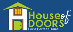 the house of doors for a perfect home logo is shown in green and blue colors