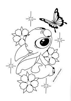 a cartoon character with flowers and a butterfly on it's back, in black and white