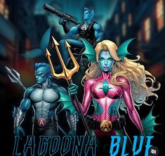 the cover to lagona blue, featuring two superheros and an alien woman