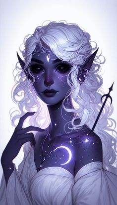 an illustration of a woman with white hair holding a wand and stars in her hands