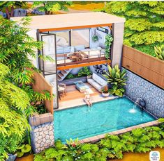 an artist's rendering of a house in the middle of a garden with a pool