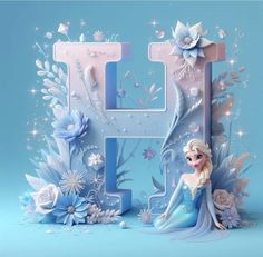 the letter h is made up of flowers and ice blue frosted paper with a frozen princess sitting on it