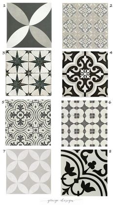 four different types of tiles with black and white designs on the bottom, one in grey and