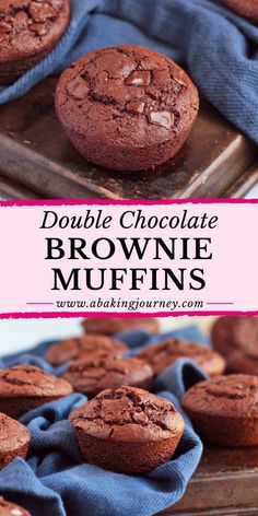 double chocolate brownie muffins on a baking sheet with blue napkin and text overlay