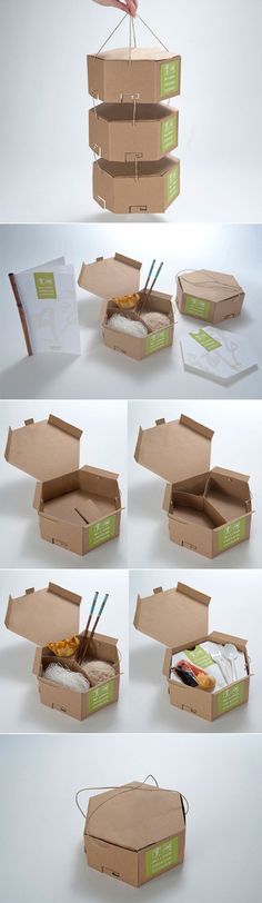 several pictures of different boxes with food in them and the same one being opened up