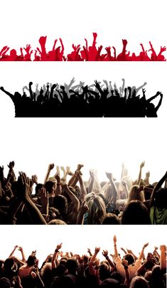 the silhouettes of people at a concert are shown in three different colors and sizes