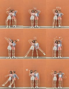 several images of people standing in front of a wall with their arms around each other