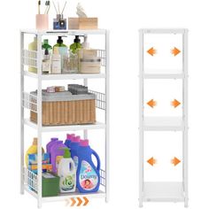 three shelves with different types of bathroom products on them and arrows pointing to the right