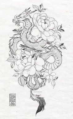 Two Dragon Back Tattoo, Phoenix Tramp Stamp Tattoo, Dragon With Flowers Tattoo Designs, Big Dragon Tattoo For Women, Dragon Tattoo With Roses, Dragon Flower Drawing, Dragon Tattoo Stencil Designs, Dragon Mandala Tattoo, Vietnamese Dragon Tattoo