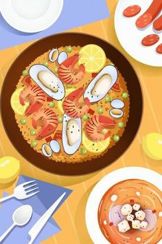 an overhead view of a plate of food on a table with other plates and utensils