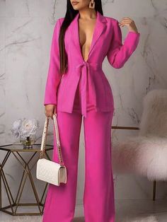 2pcs Casual Office Wear Knotted Front Waist Slim Fit Blazer & Straight Leg Pants Suit Set Hot Pink Elegant    Plain  Non-Stretch  Women Clothing, size features are:Bust: ,Length: ,Sleeve Length: Womens Professional Suits, Hot Pink Blazers, Casual Professional, Womens Suits Business, Suit Pattern, Pink Suit, Business Pants, Women Formals, Professional Women