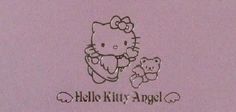 an image of hello kitty angel with her teddy bear on it's chest and the words hello kitty angel written in black ink