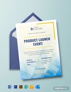 a blue and yellow product launch event flyer with an envelope on the left hand side