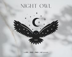 the night owl is flying in the sky with stars and crescents on it's wings