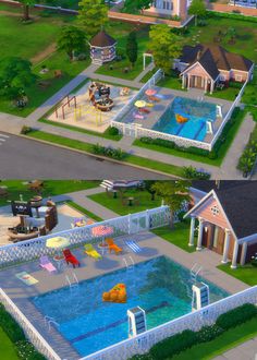 an aerial view of a swimming pool in the middle of a residential area with houses