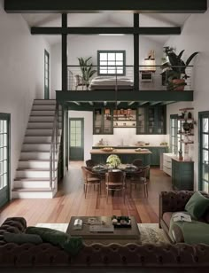 a living room filled with furniture and a staircase