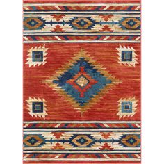 a red rug with blue, yellow and orange designs on the bottom half of it