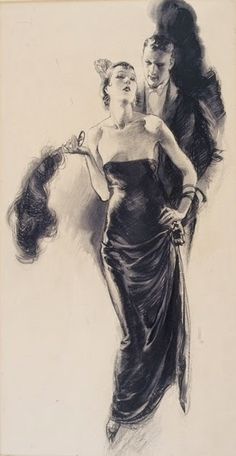 a drawing of a man and woman dressed in evening gowns