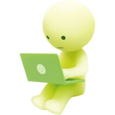 a small figure sitting on the floor using a laptop computer with its head turned to the side