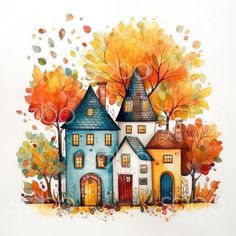 a watercolor painting of a house surrounded by autumn leaves and trees with the colors changing