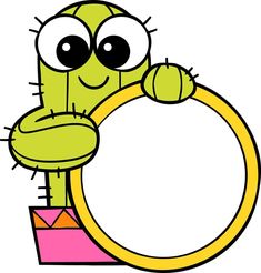 a cartoon cactus holding a sign with big eyes and a ring around it's neck