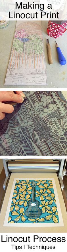 the process for making linocut prints is shown in three different stages, including printing and