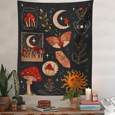 botanical aesthetic tapestry roomtery Cactus Tapestry, Clean Room Aesthetic, Aesthetic Crystals, Alter Ideas, Cottagecore Halloween, Fairy Room, Apartment Goals, Bohemian Tapestry, College Room