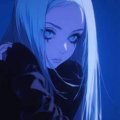 a woman with long white hair and blue eyes looks off into the distance while holding her hand on her shoulder