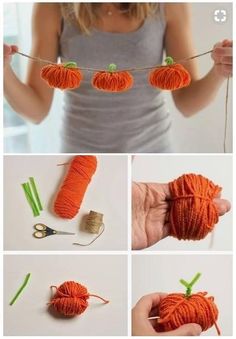 there are several pictures of yarn being made to look like pumpkins and carrots