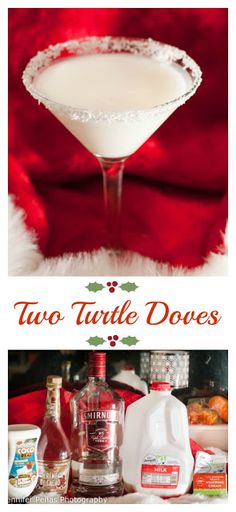 two turtle doves cocktail in a martini glass with christmas decorations around the rim and on the side