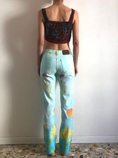 90's Roberto Cavalli Sky Blue Floral Stretch Skinny Jeans - Etsy Spring Blue Cotton Flare Jeans, Fitted Y2k Style Spring Bottoms, Retro Flare Jeans With Five Pockets For Spring, Blue Floral Print Wide Leg Jeans, Retro Cotton Jeans For Spring, 90s Straight Leg Summer Jeans, Summer Vintage Full-length Jeans, 90s Style Straight Leg Summer Jeans, Blue Cotton Y2k Flare Jeans