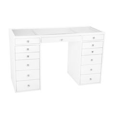 a white desk with five drawers on it