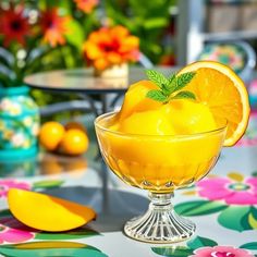 a glass bowl filled with oranges on top of a table