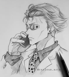 a drawing of a man with glasses talking on a cell phone and holding a pen