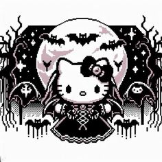 the hello kitty halloween cross stitch pattern is in black and white, with bats flying around it