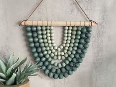 a potted plant sitting next to a wooden bead necklace hanging on a wall