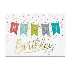 a birthday card with the words happy birthday hanging on a line and confetti