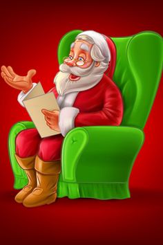 a cartoon santa claus sitting in a green chair reading a book with his hand out