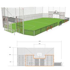 an architectural rendering of a soccer field with net, goal and basketball hoop on it