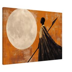 an abstract painting of a woman holding a spear in front of a full moon and orange background