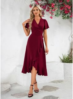 JJ's House No Pleated Ruffle Polyester Asymmetrical Midi V-Neck Spring Summer A-line Faux Wrap Dresses NO Burgundy S Height:5.7ft(174cm) Bust:33.5in(85cm) Waist:26in(66cm) Hips:36in(91cm) Dress. #JJ's House #No #Pleated #Ruffle #Polyester #Asymmetrical #Midi #VNeck #Spring #Summer #Aline #FauxWrapDresses #NO #Burgundy #S #Dress Flowy V-neck Midi Dress For Formal Occasions, Flowy Midi-length V-neck Dress With Ruffles, Fall A-line Midi Dress With Ruffle Hem, Wedding Dress Code Guide, Feminine A-line Midi Dress With Ruffle Hem, Red Chiffon A-line Midi Dress, Dress Code Guide, Dark Red Dresses, Formal Wedding Guest Dress