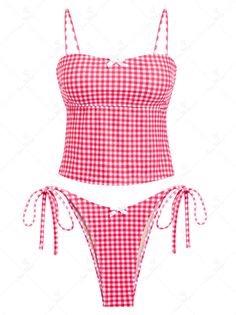 Seamolly Gingham Cinched Back Bow Decor Tie Side Tankini Set Coquette Swimsuit, Multiway Swimsuit, Bright Swimsuit, Gingham Swimsuit, Pink Tankini, Body Decoration, Floral Swimwear, Neon Bikinis, Adam Cole