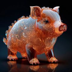 an orange glass pig figurine sitting on top of a black surface with intricate designs