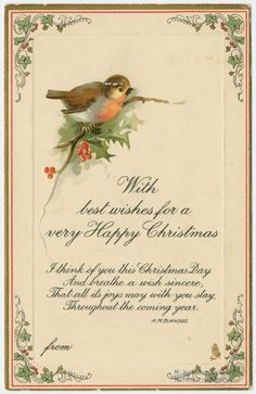 an old fashioned christmas card with two birds