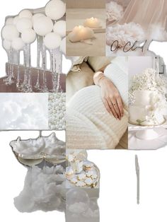 a collage of photos with white and silver items in the center, including cake, veils, flowers, candles, and wedding dress