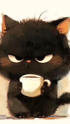 a black cat holding a cup of coffee