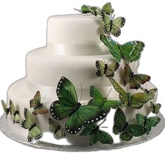 there are many green butterflies on the cake