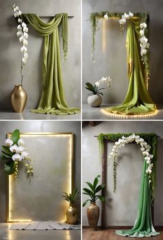 four different images of flowers and greenery in vases on the floor next to a mirror