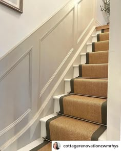 a staircase with beige carpet and white railing