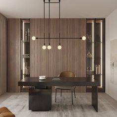 a modern dining room with wood paneling and lighting